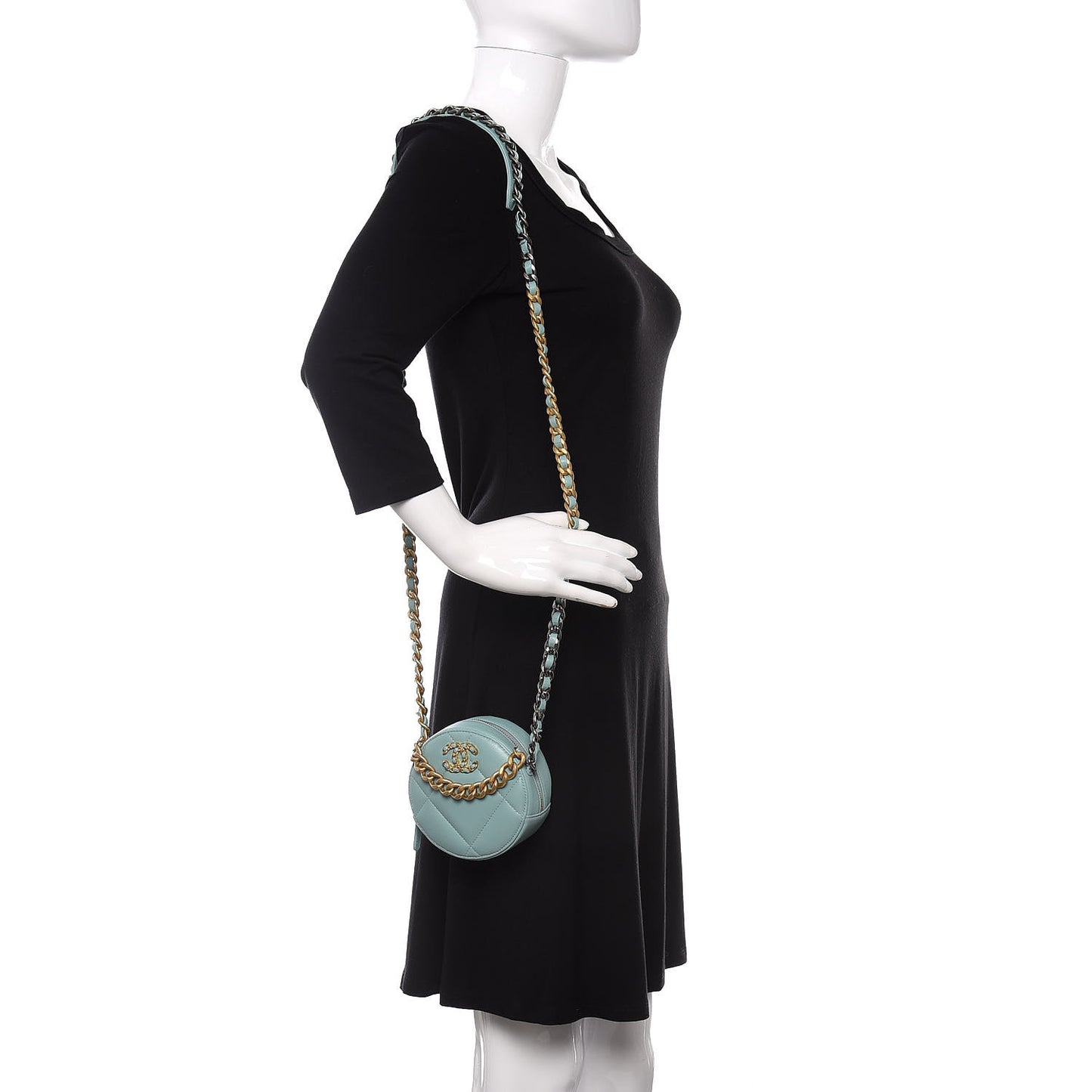 Goatskin Quilted 19 Round Clutch With Chain Light Blue