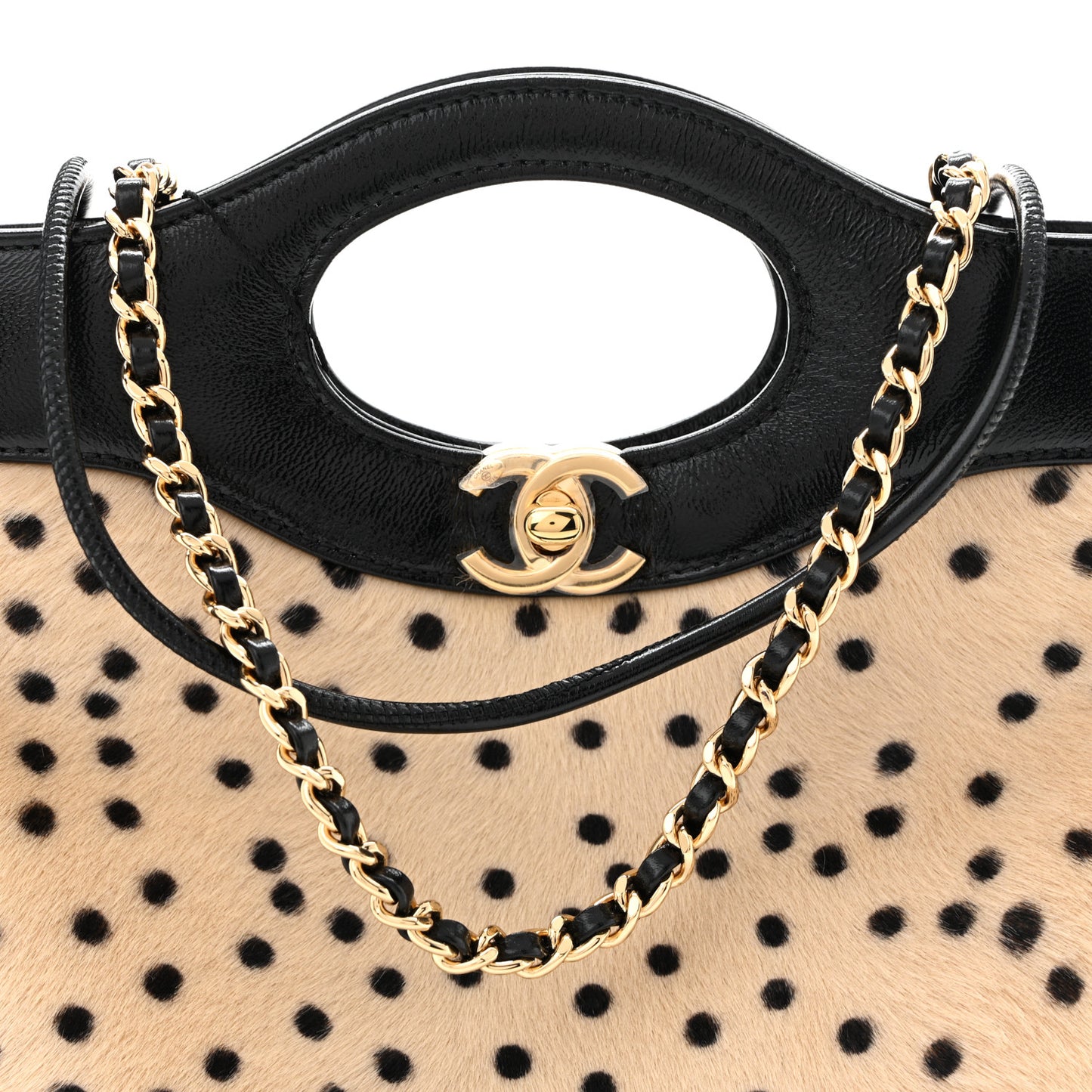 Shiny Lambskin Pony Hair Cheetah Printed Mini 31 Shopping Bag Light Beige Black