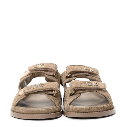 Chanel Suede Calfskin Velcro Dad Sandals 38 Beige 2 of 8