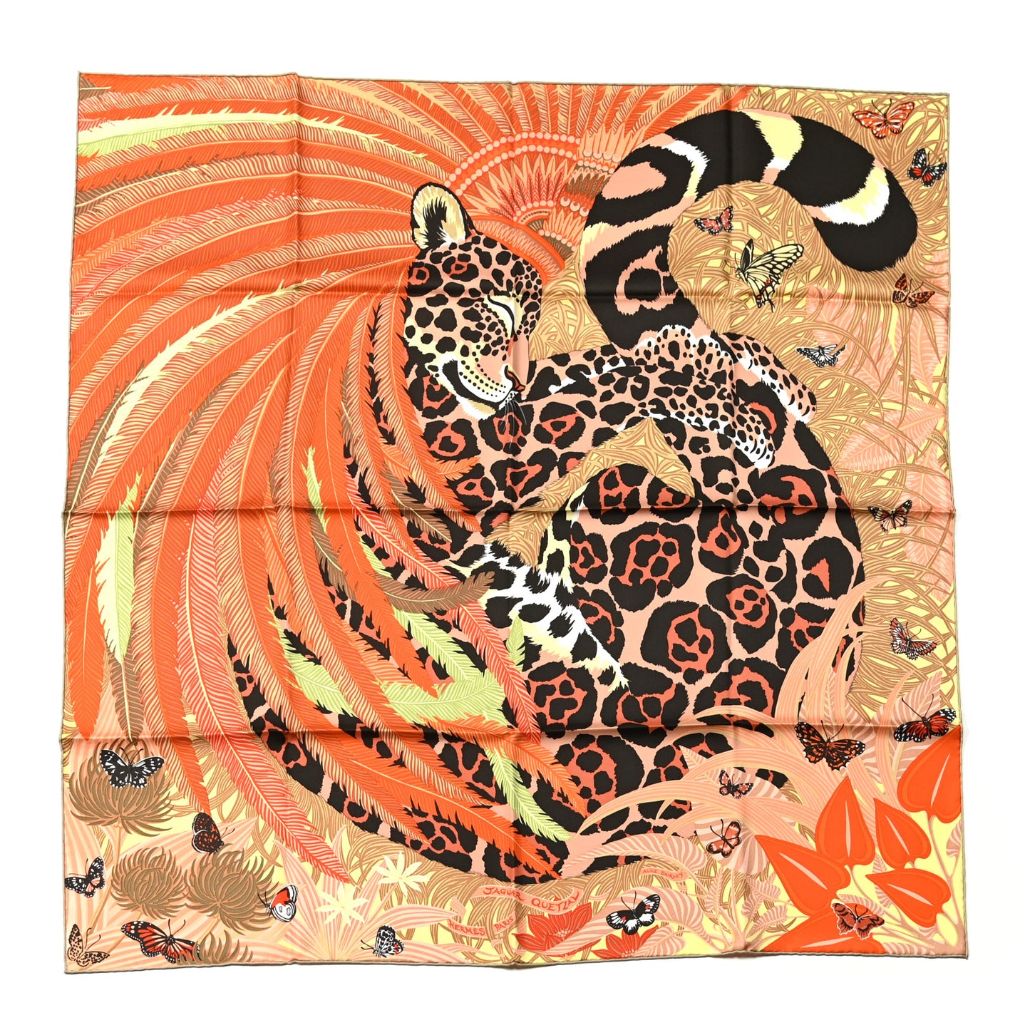 Silk Jaguar Quetzal Scarf 90 Orange Beige Vert