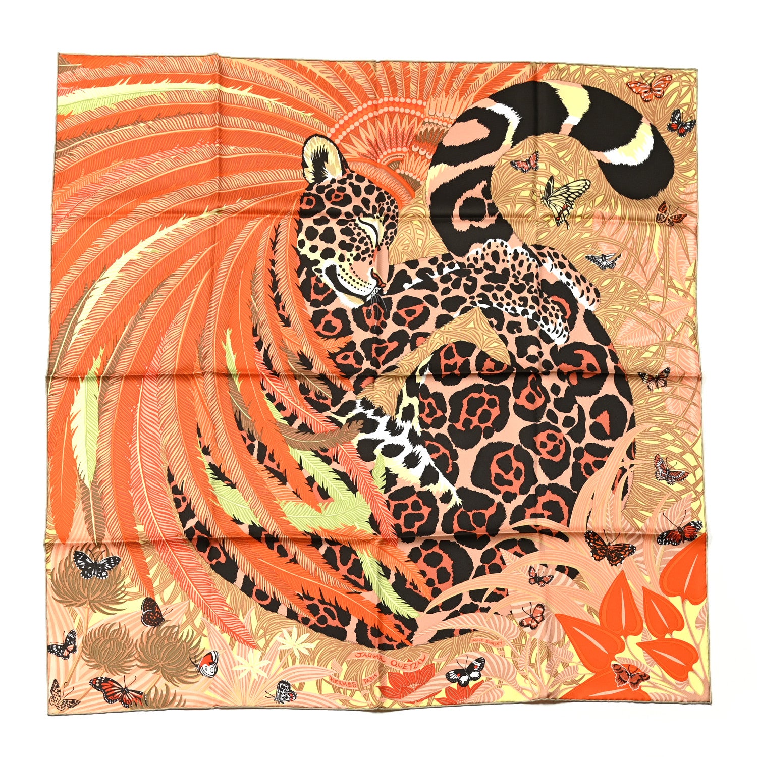 Hermes Silk Jaguar Quetzal Scarf 90 Orange Beige Vert 1 of 5