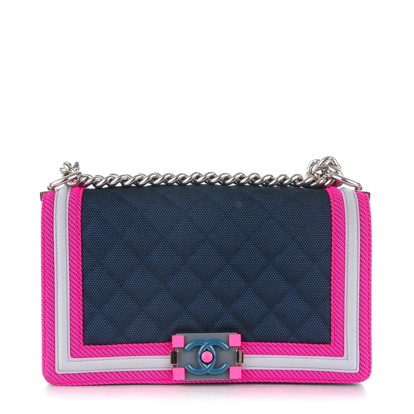 Canvas Quilted Medium Fluo Boy Flap Dark Navy Fuchsia Grey