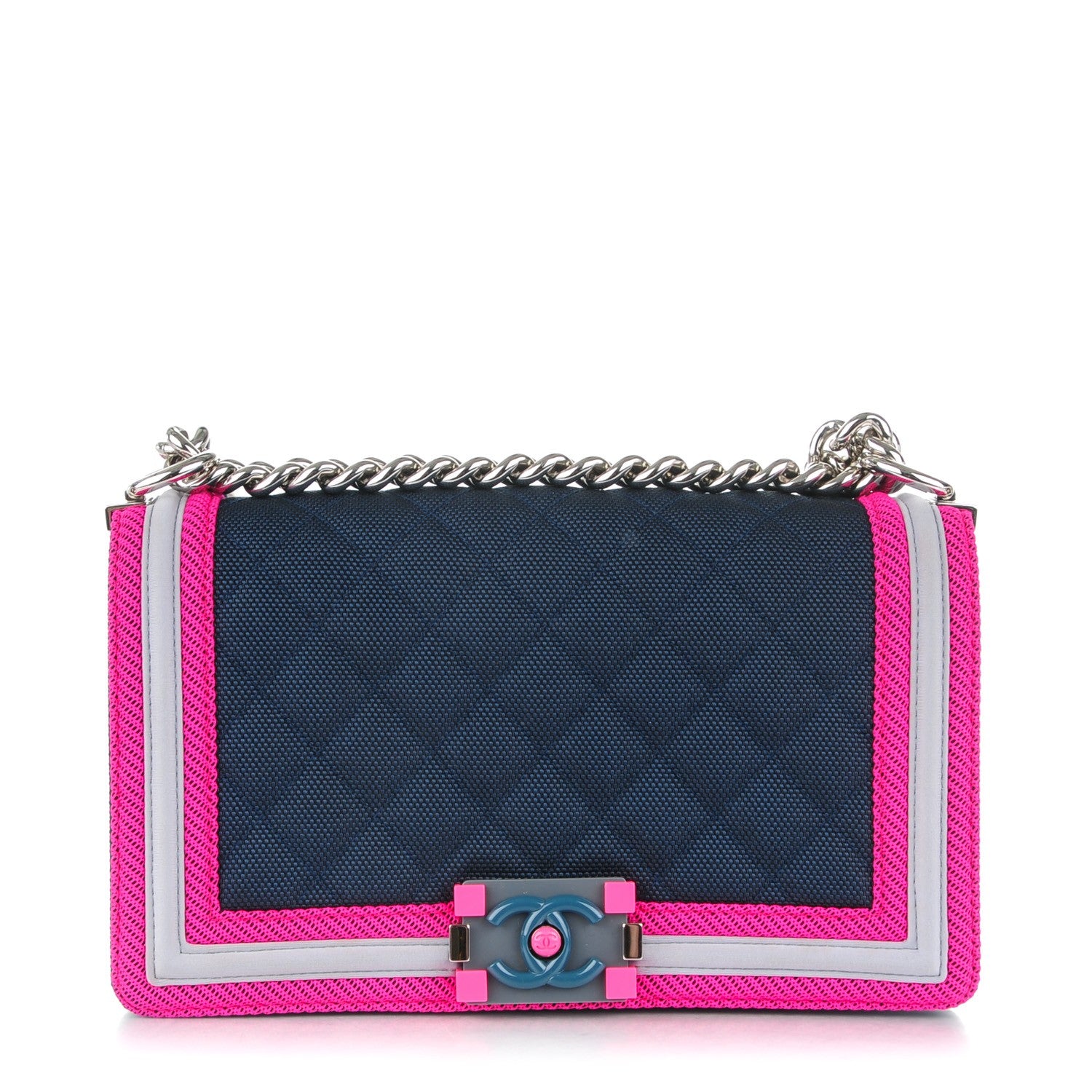 Chanel Canvas Quilted Medium Fluo Boy Flap Dark Navy Fuchsia Grey 1 of 8