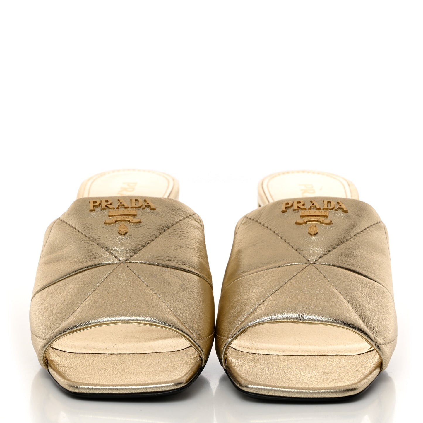 Nappa Logo Quilted 65mm Block Heel Slide Sandals 41 Gold