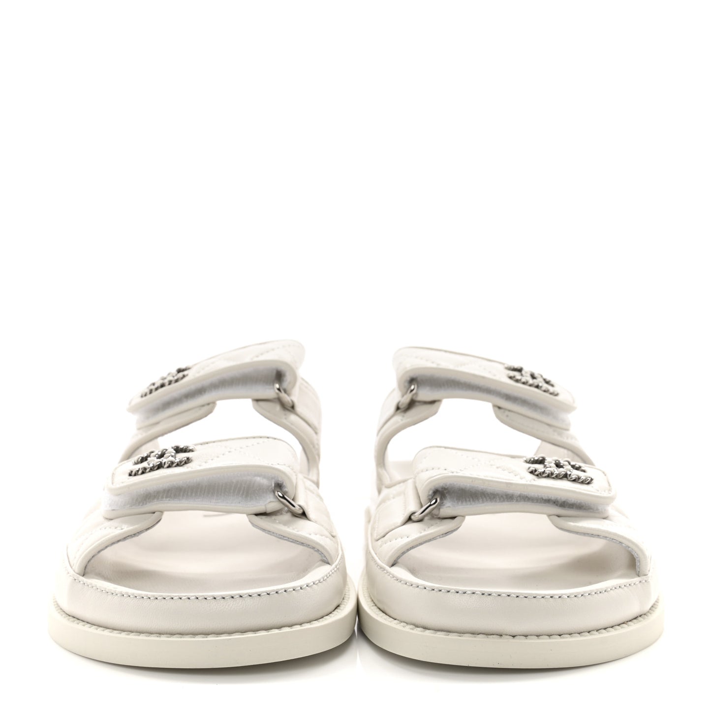 Lambskin Quilted Velcro Dad Chain CC Slide Sandals 36.5 White