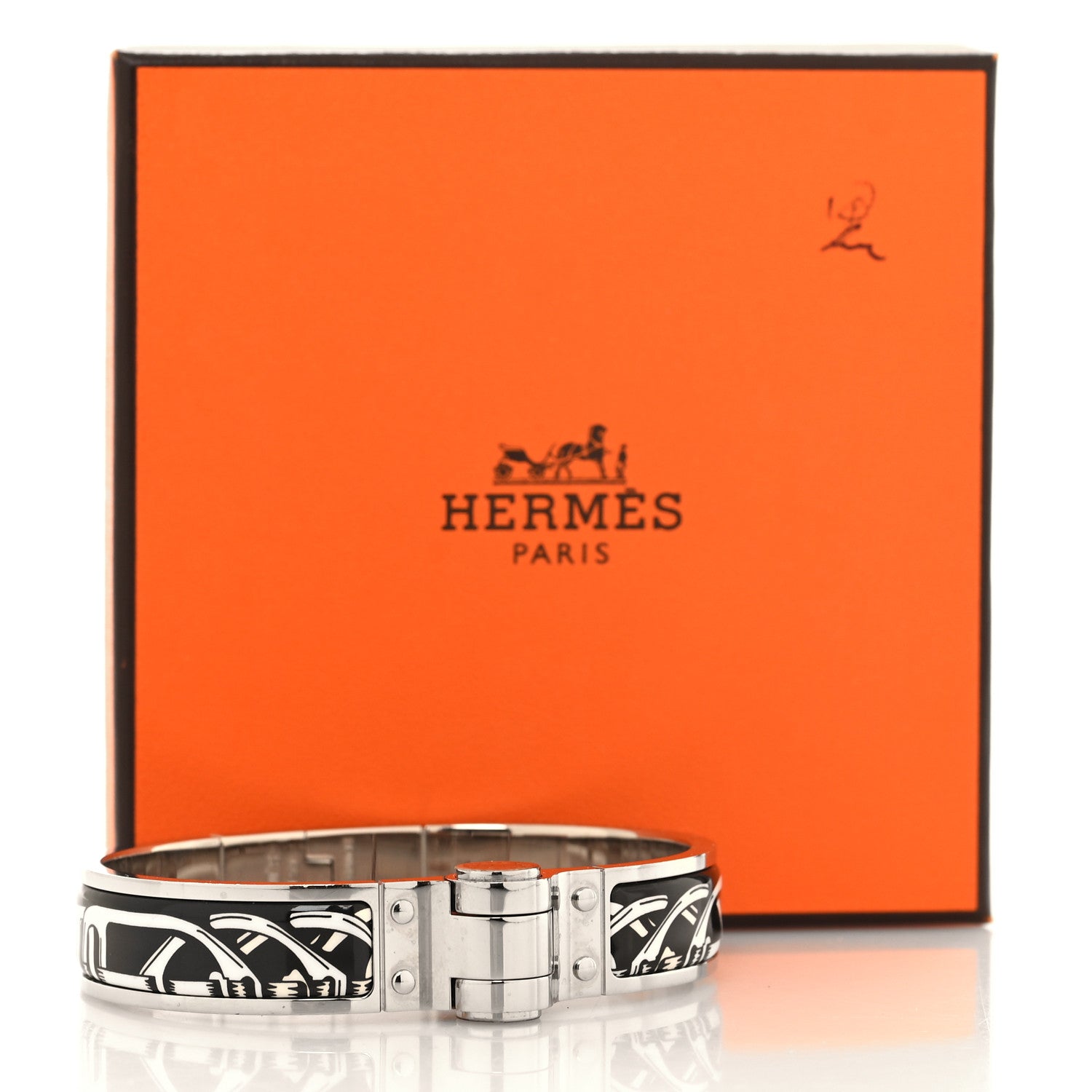 Hermes Enamel Printed Narrow Balades Equestres Positif Negatif Hinged Bracelet S Black 5 of 5