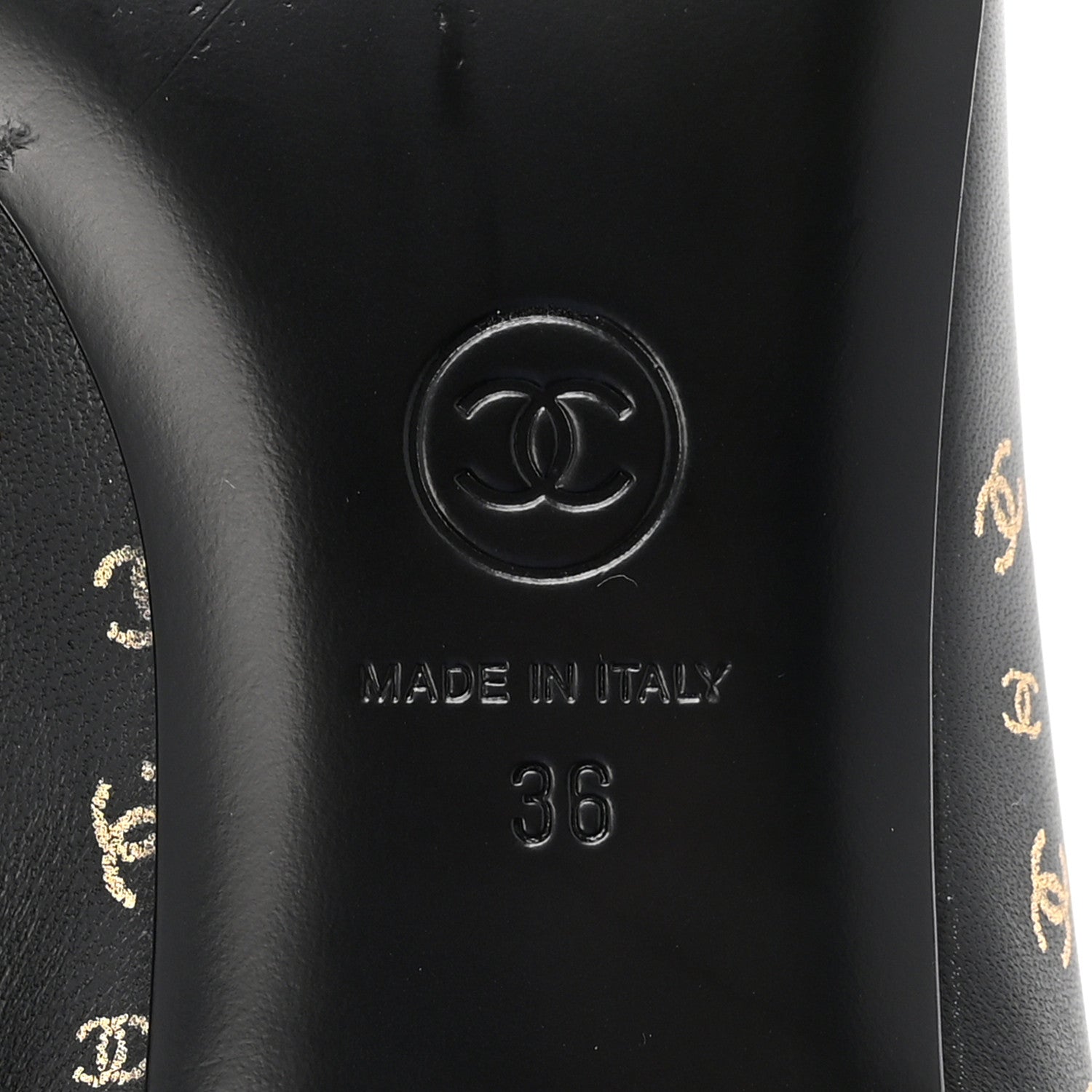 Chanel Lambskin Patent Calfskin Printed CC Cap Toe Ballerina Flats 36 Black Gold 7 of 10