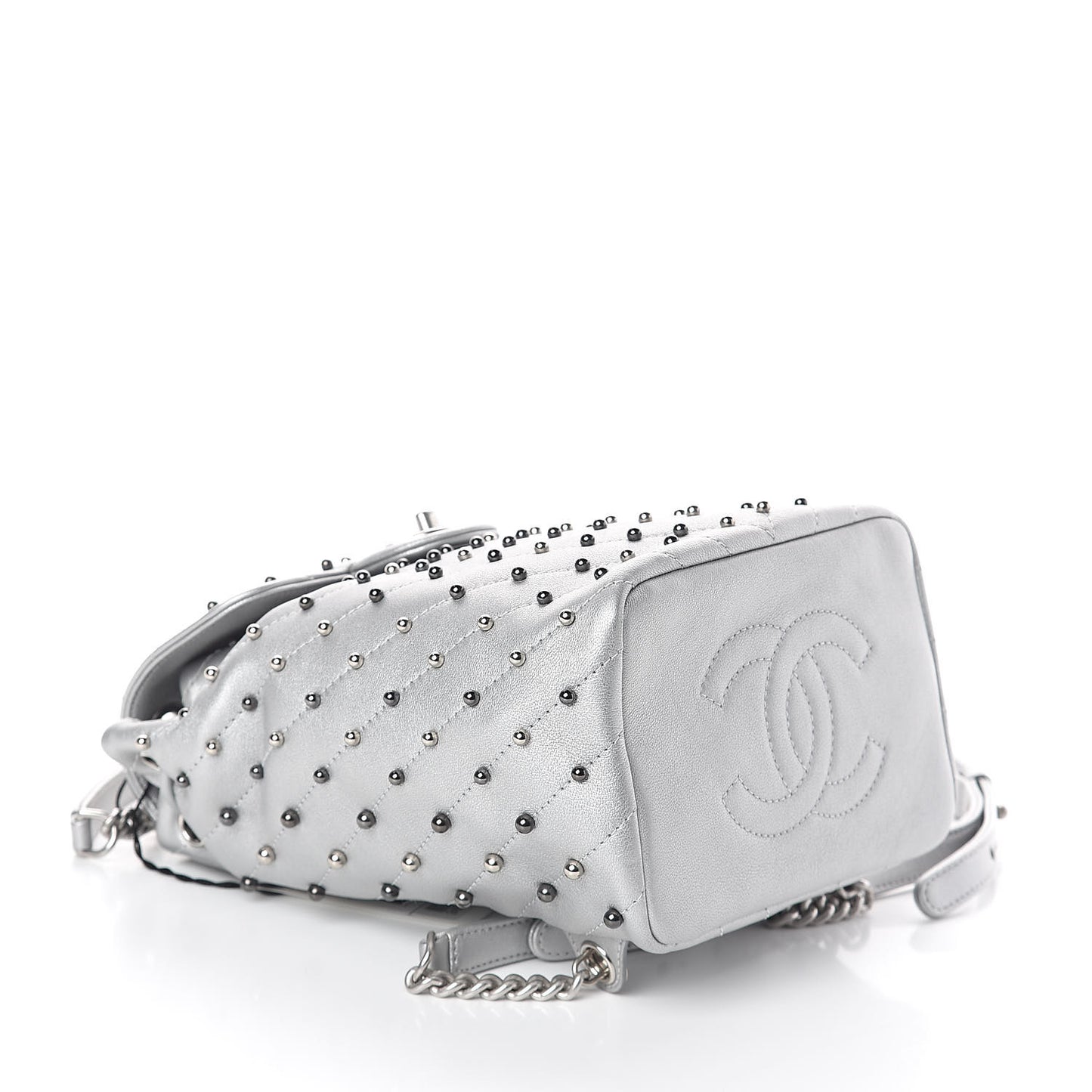 Metallic Lambskin Chevron Quilted Studded Stud Wars Backpack Silver