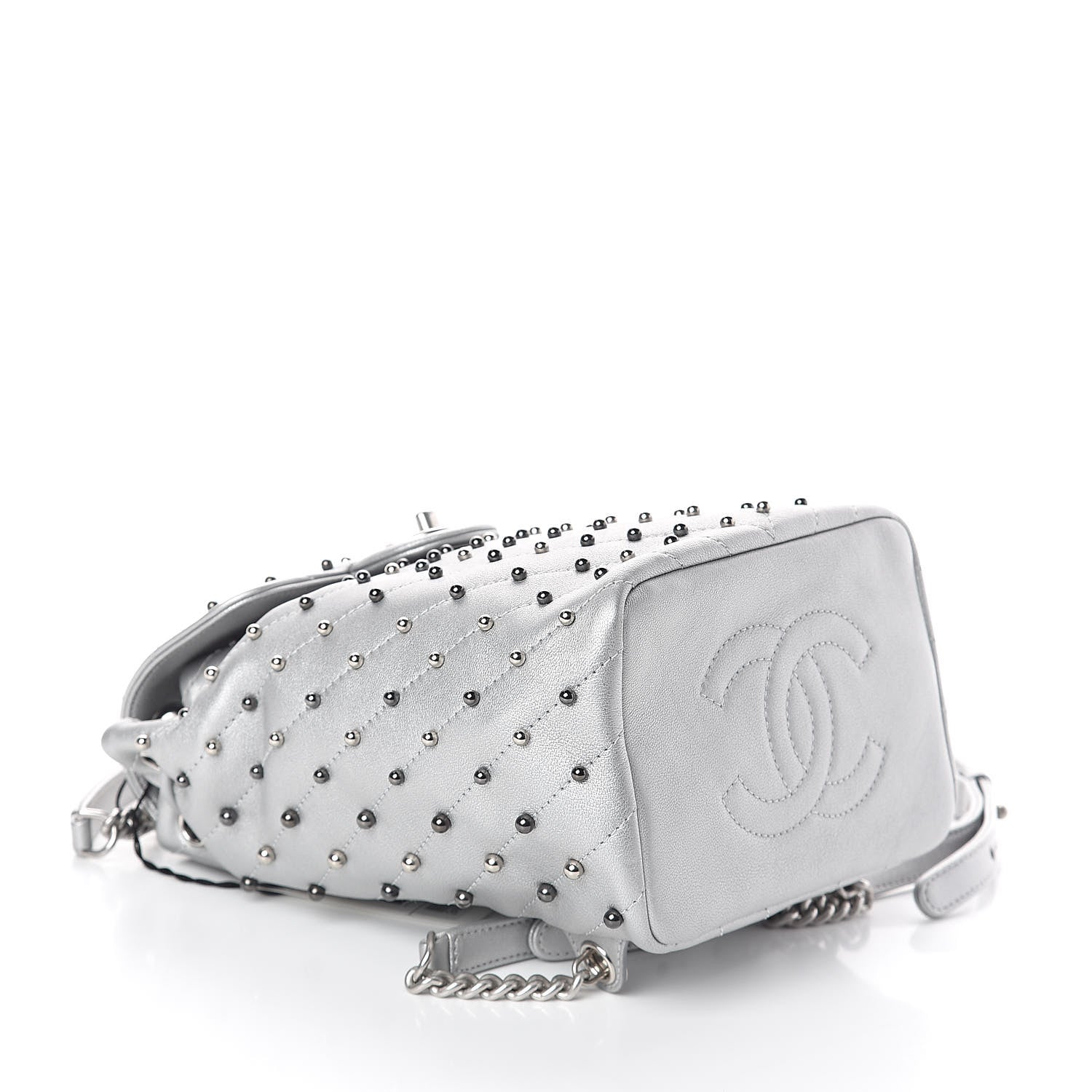 Chanel Metallic Lambskin Chevron Quilted Studded Stud Wars Backpack Silver 4 of 9
