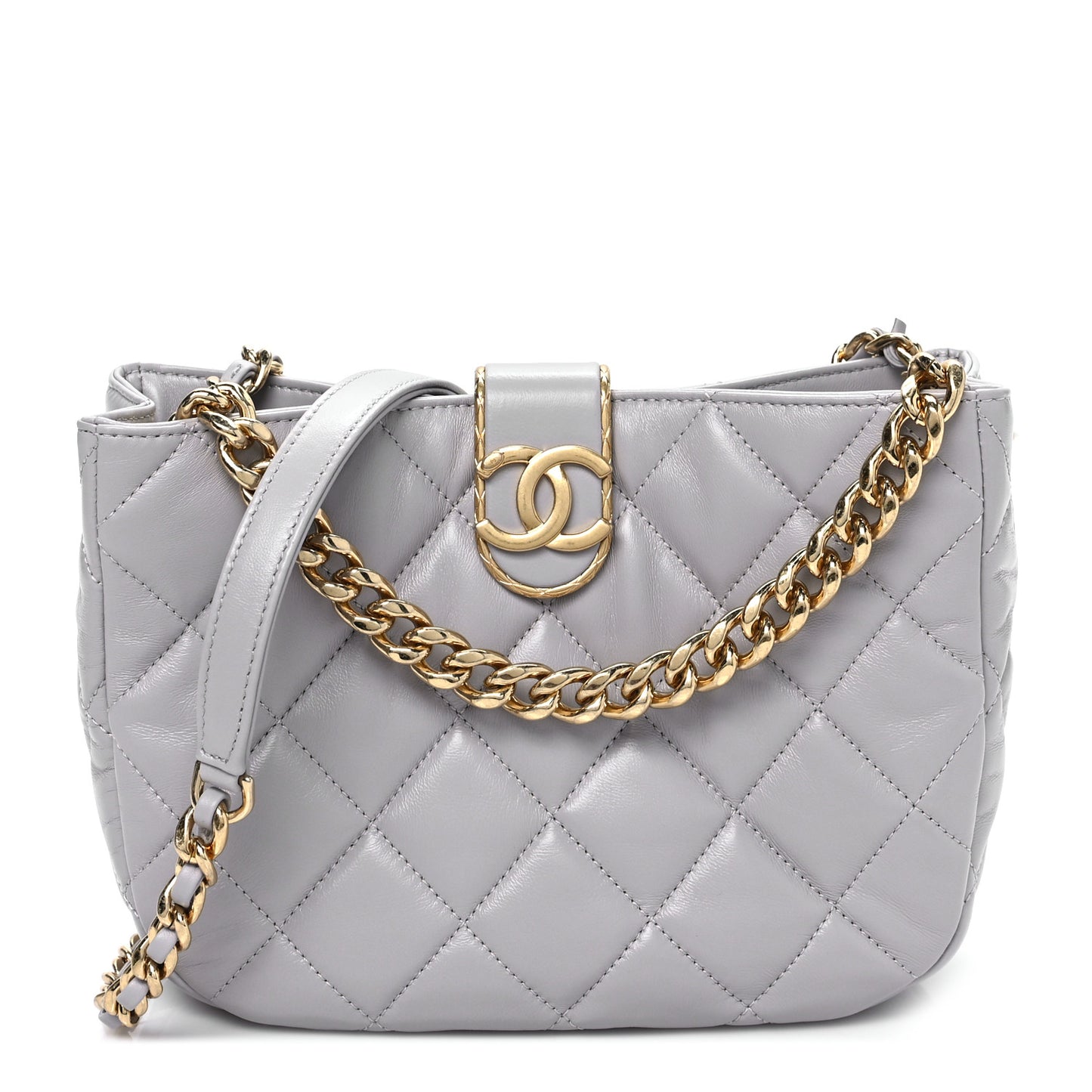 Lambskin Quilted Large Chain Hobo Light Grey