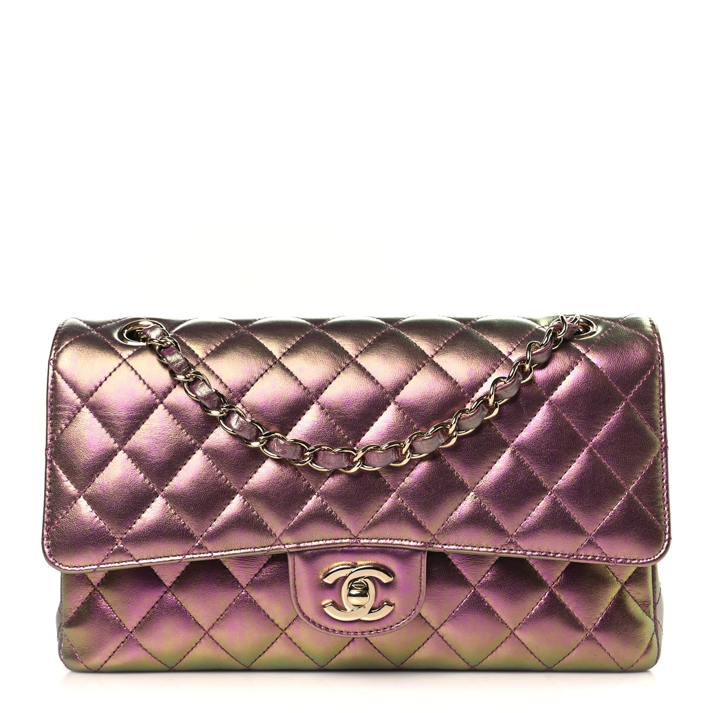 Iridescent Lambskin Quilted Medium Double Flap Purple