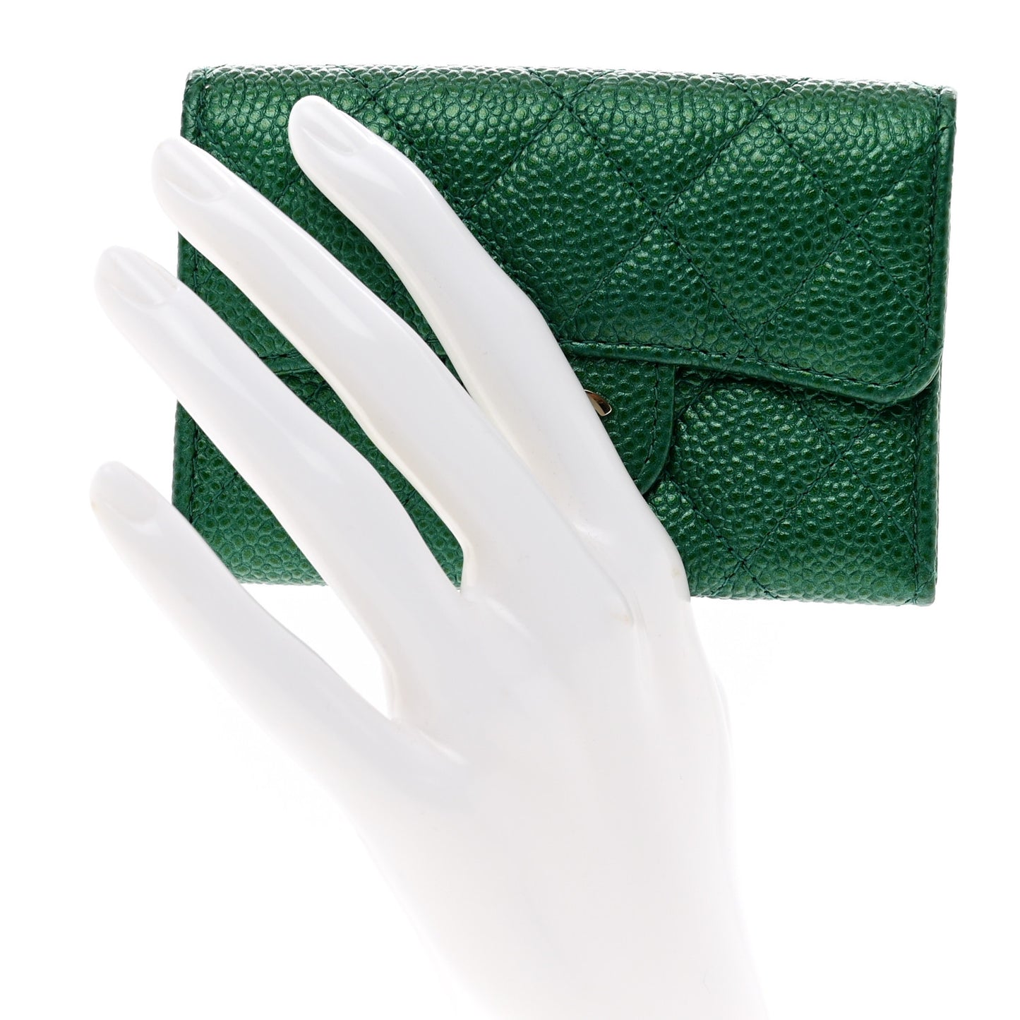 Metallic Caviar Quilted Flap Card Holder Wallet Green