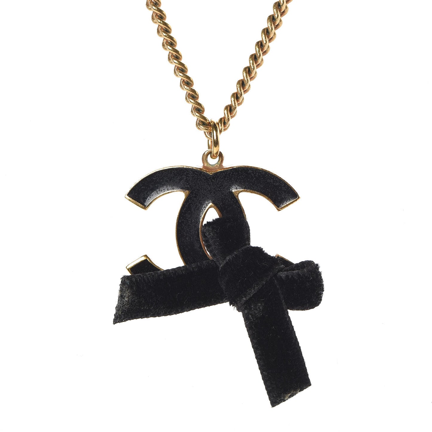 Enamel Velvet CC Bow Necklace Black Gold