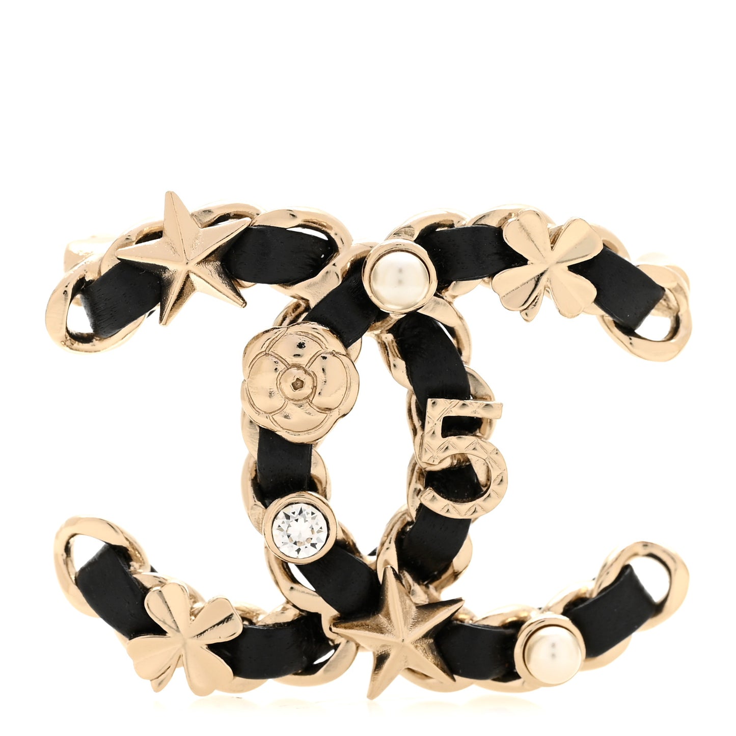 Lambskin Pearl Strass Sergeant Chanel Brooch Black Gold