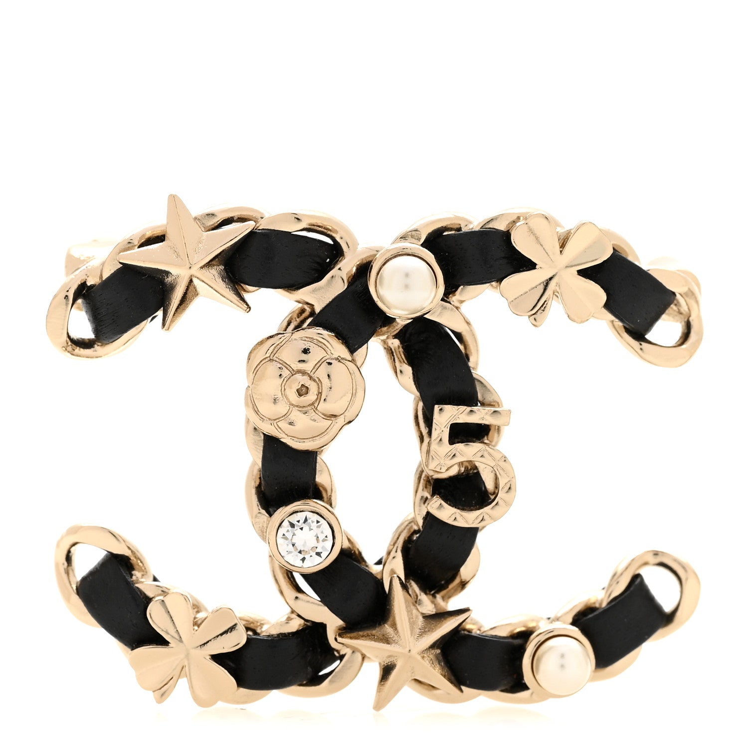Chanel Lambskin Pearl Strass Sergeant Chanel Brooch Black Gold 1 of 4