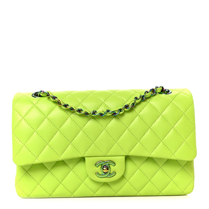 Chanel Lambskin Quilted Rainbow CC Medium Double Flap Neon Green Neon Green 1 of 12
