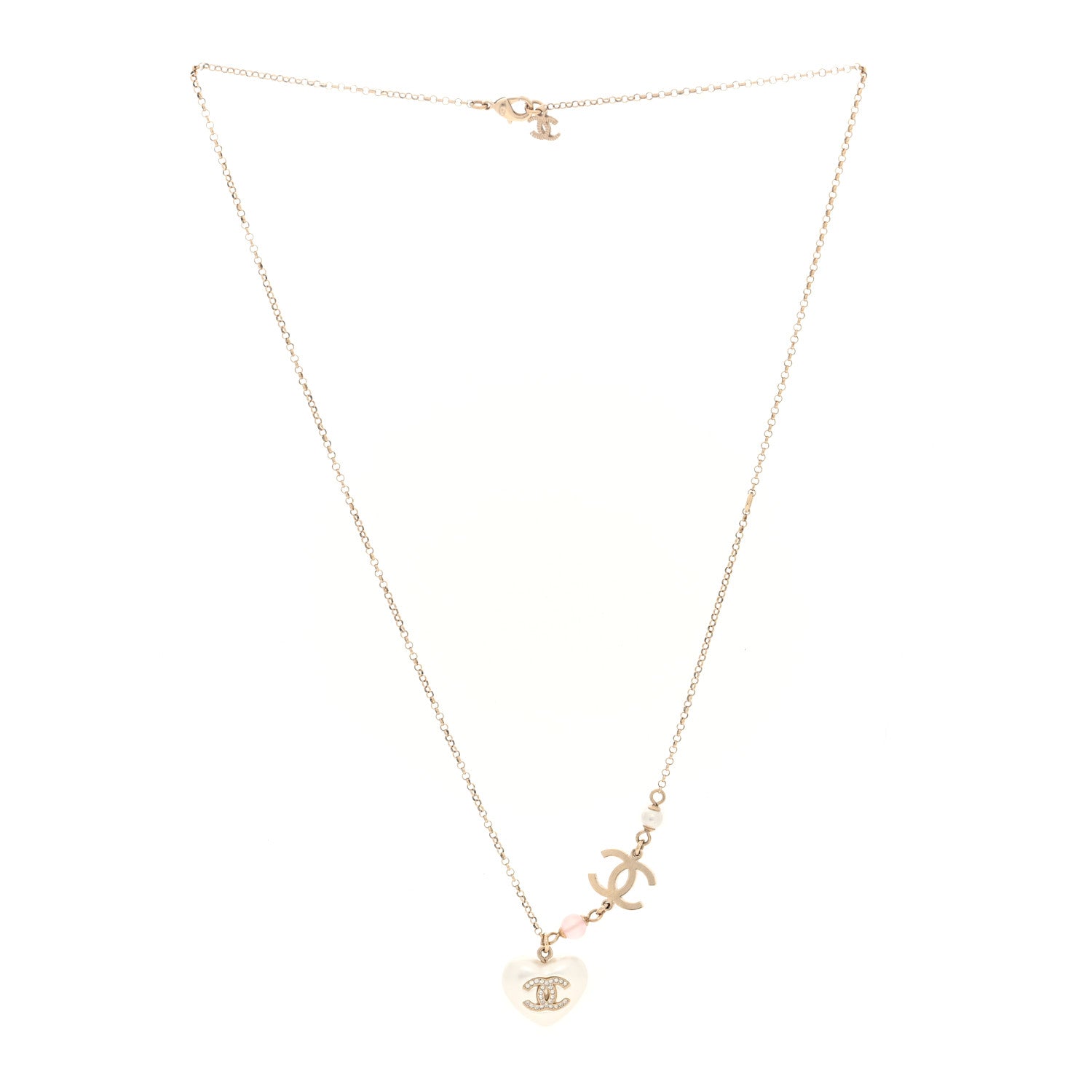 Chanel Resin Crystal CC Heart Necklace Pearly White Gold 3 of 4