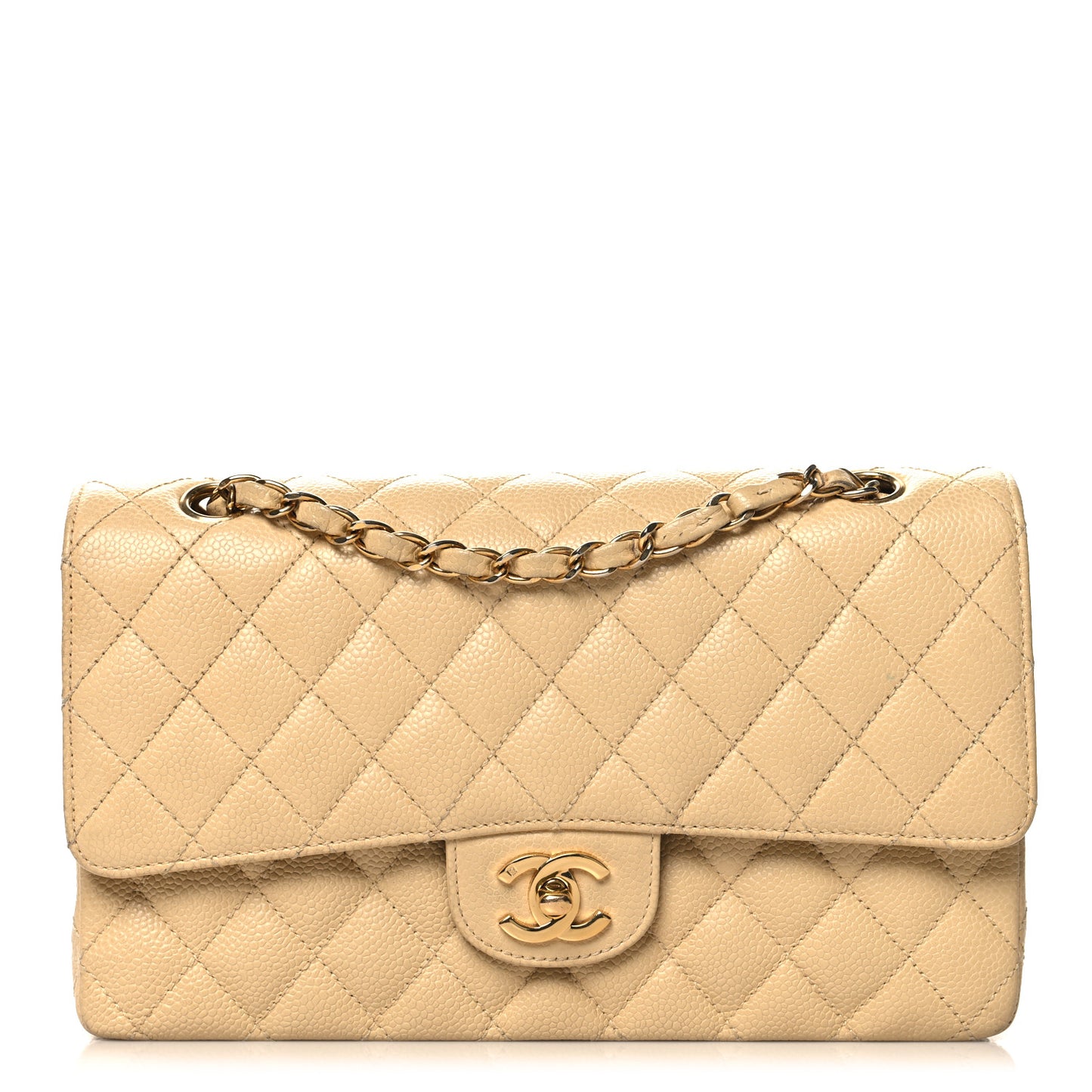 Caviar Quilted Medium Double Flap Beige