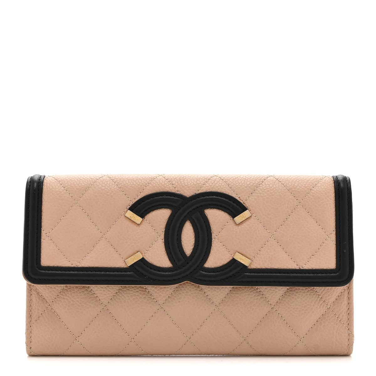Caviar Quilted Filigree Large Gusset Flap Wallet Beige Black