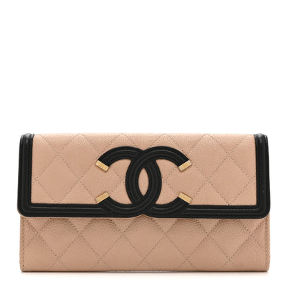 Chanel Caviar Quilted Filigree Large Gusset Flap Wallet Beige Black 1 of 12