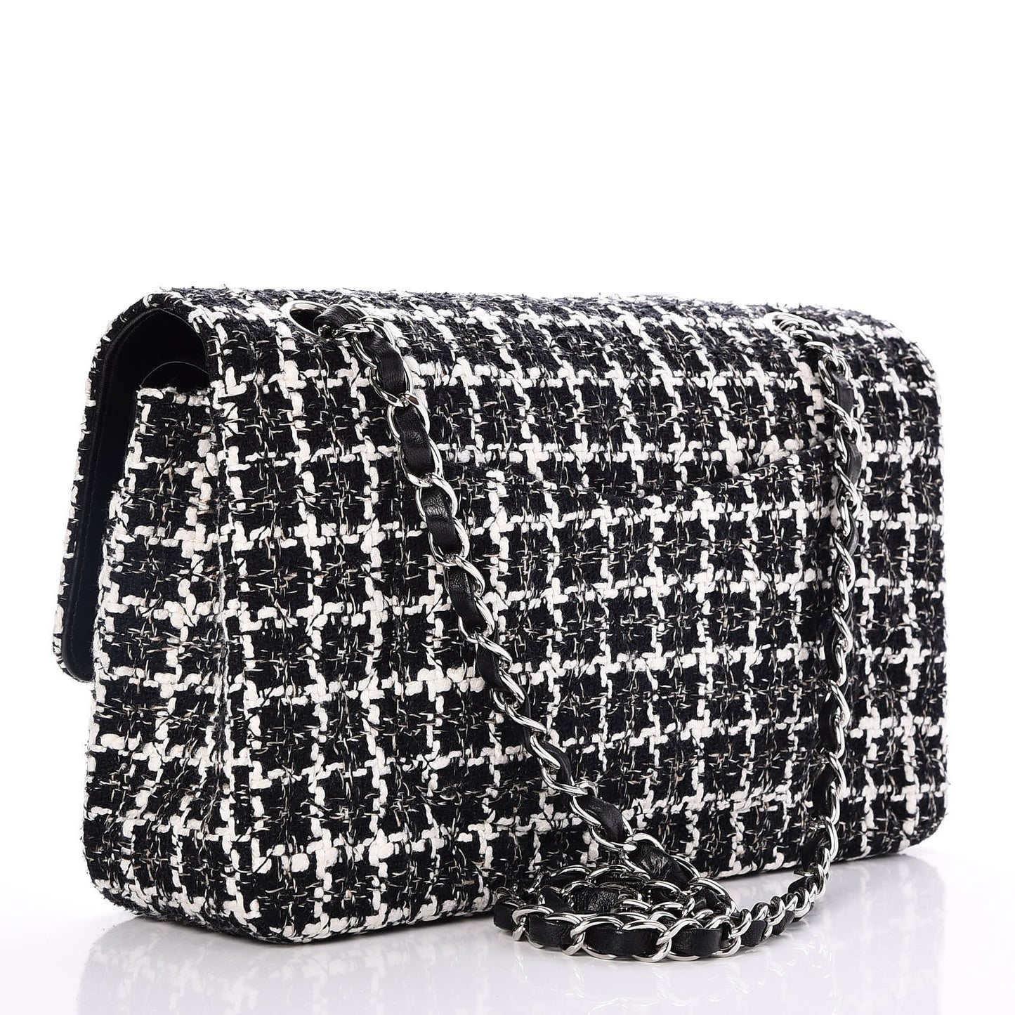 Tweed Quilted Medium Double Flap Black White