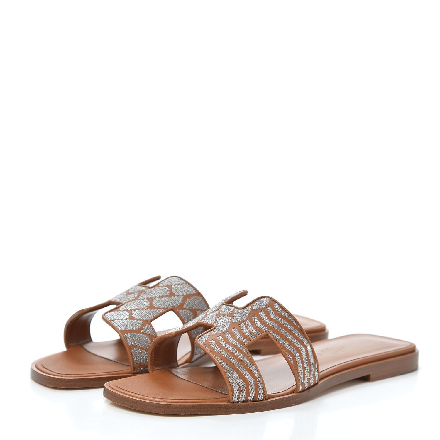 Hermes Embroidered Calfskin Oran Sandals 37.5 Naturel Gris Argente 3 of 7