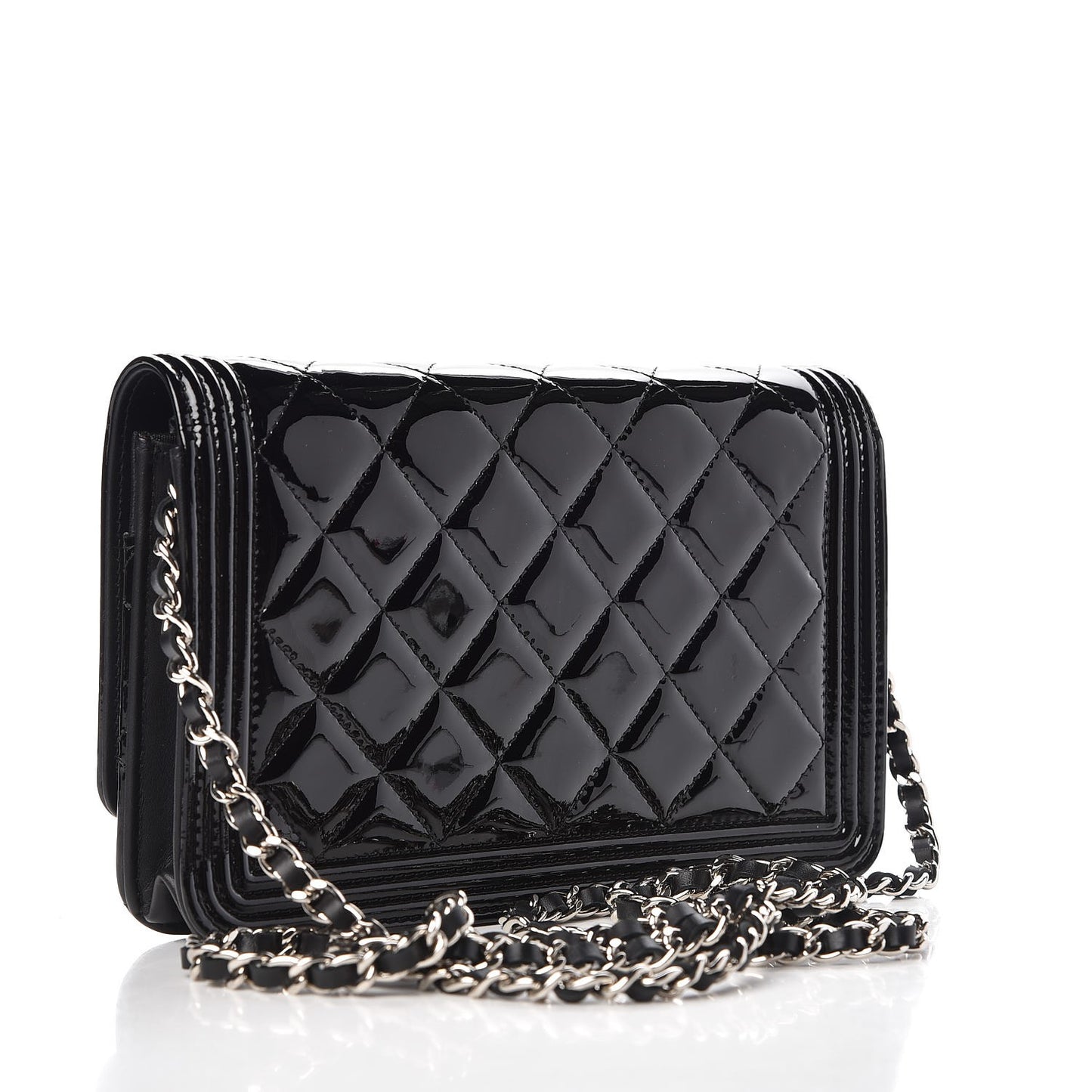 Patent Calfskin Quilted Boy Wallet On Chain WOC Black