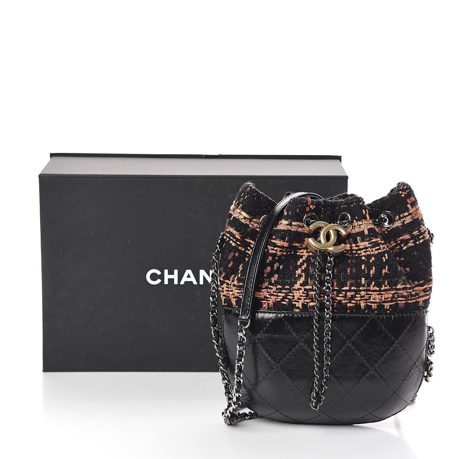 Chanel Tweed Calfskin Quilted Small Gabrielle Bucket Black Brown Orange 9 of 9