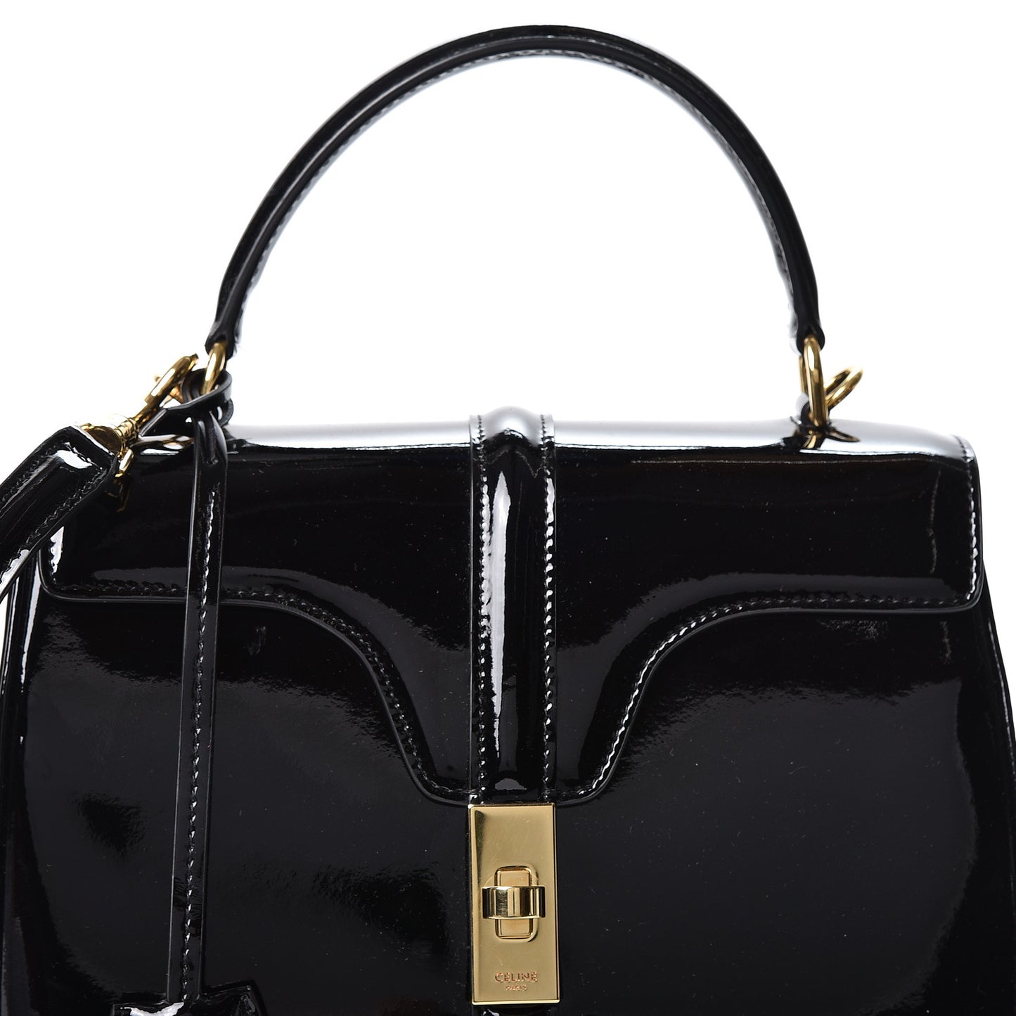Patent Calfskin Small 16 Top Handle Bag Black