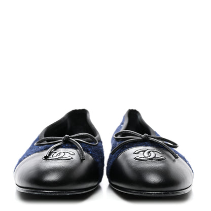 Chanel Tweed Lambskin Cap Toe Ballerina Flats 41 Navy Blue Black 2 of 8
