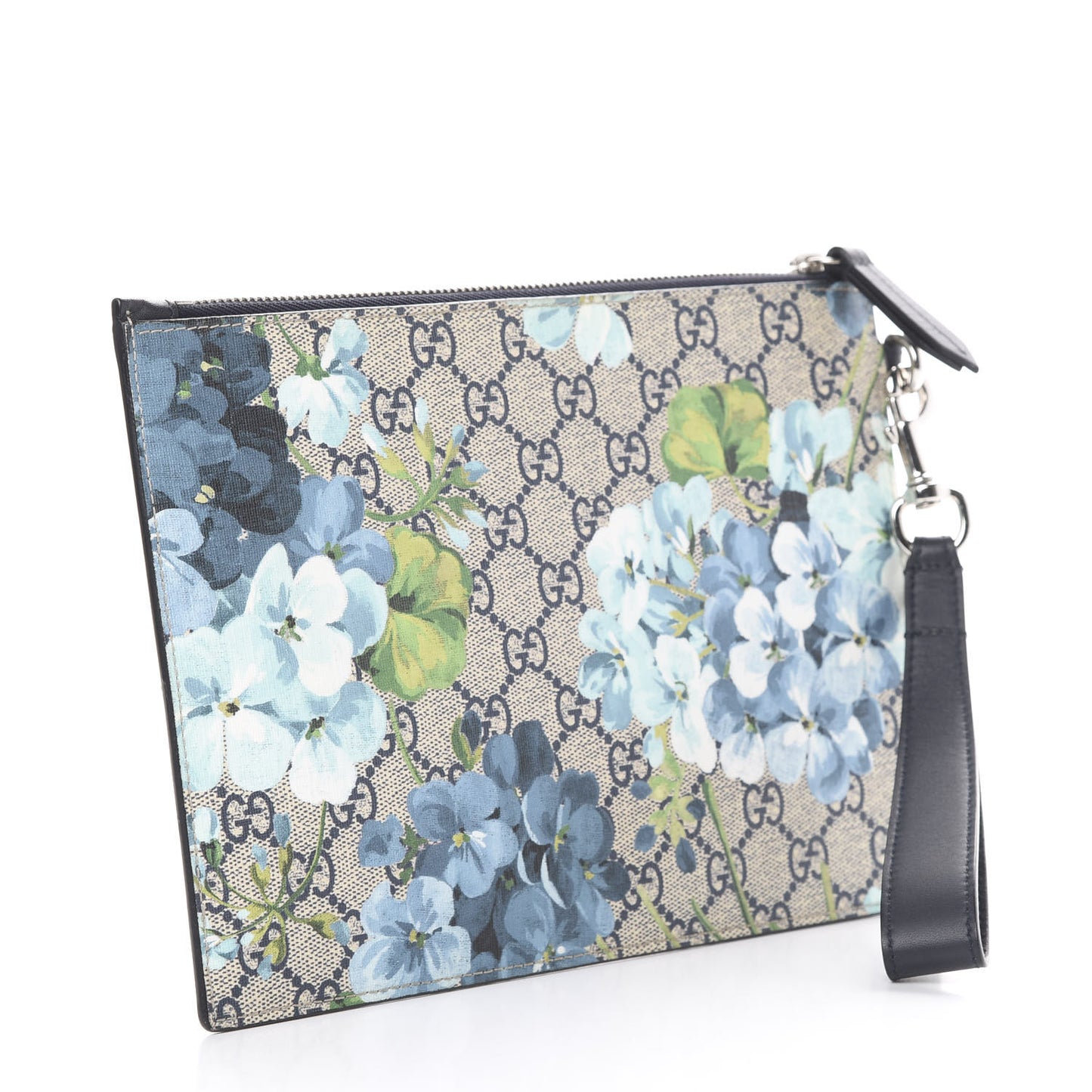 GG Supreme Monogram Blooms Small Zip Wristlet Pouch Beige Blue Black