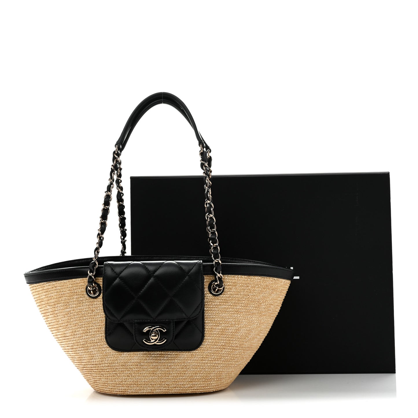 Raffia Braided Lambskin Small Shopping Tote Beige Black