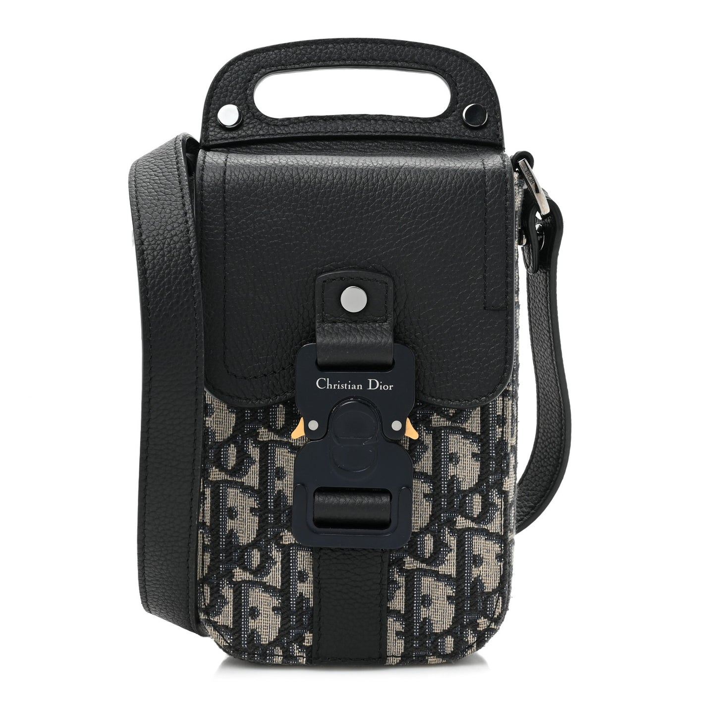Oblique Grained Calfskin Vertical Saddle Pouch With Strap Beige Black