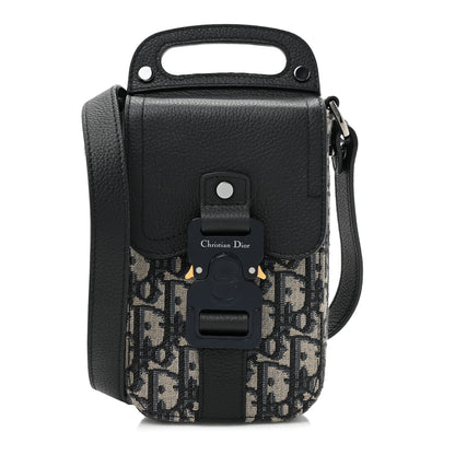 Christian Dior Oblique Grained Calfskin Vertical Saddle Pouch With Strap Beige Black 1 of 9