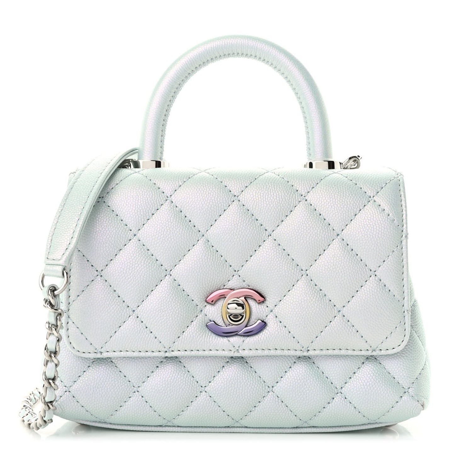 Iridescent Caviar Quilted Extra Mini Coco Handle Flap Light Blue