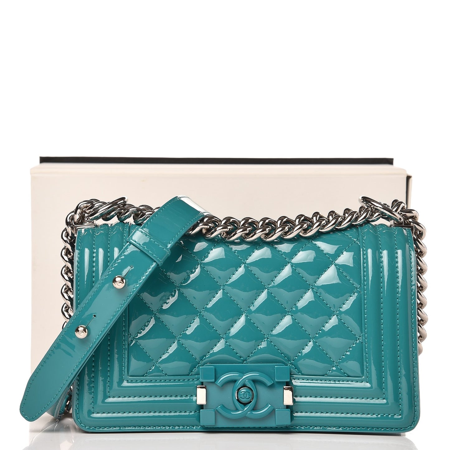 Patent Calfskin Small Boy Flap Plexiglass Turquoise