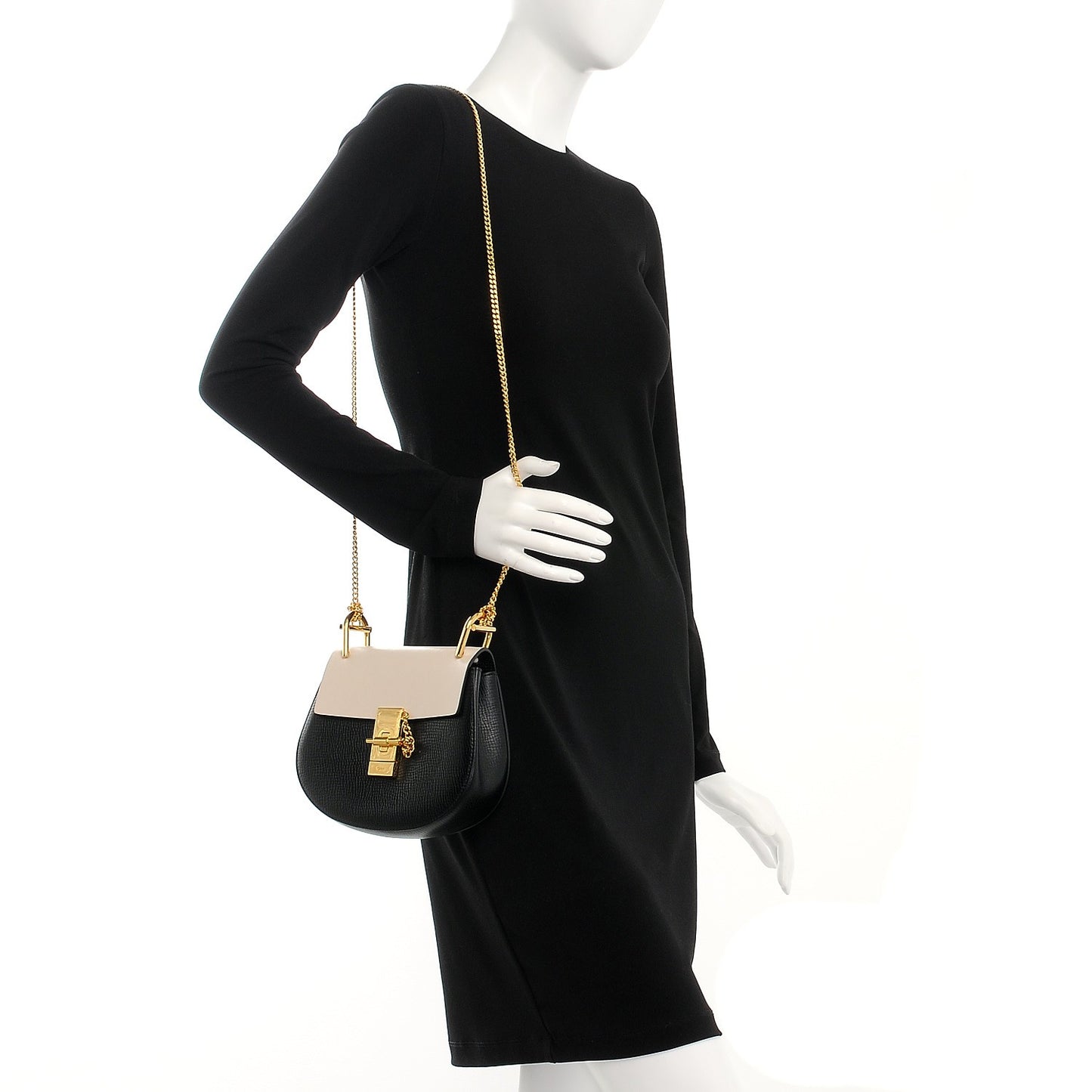 Grained Calfskin Lambskin Mini Bi-Color Drew Shoulder Bag Black Powder Beige