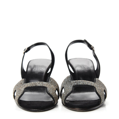 Hermes Velour Goatskin Crystal Poudre Night 70 Slingback Sandals 36 Argent Black 2 of 10