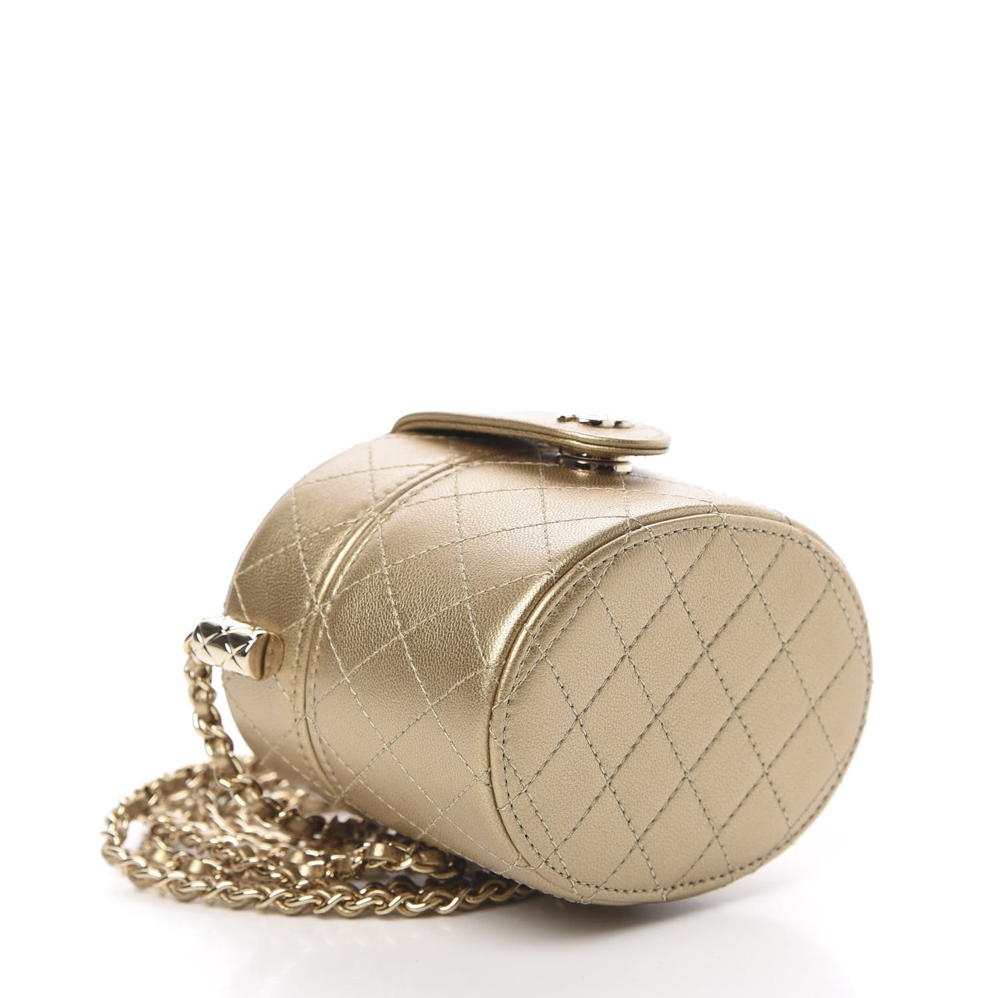 Metallic Lambskin Quilted Round Mini Vanity Case With Chain Gold