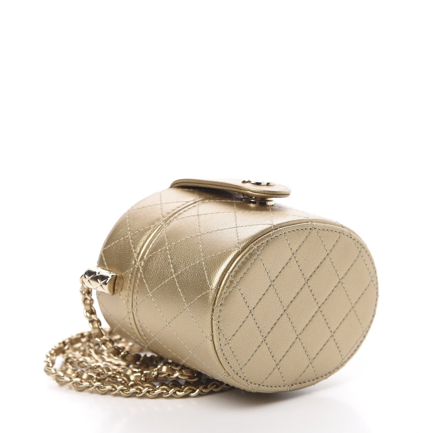 Chanel Metallic Lambskin Quilted Round Mini Vanity Case With Chain Gold 3 of 9