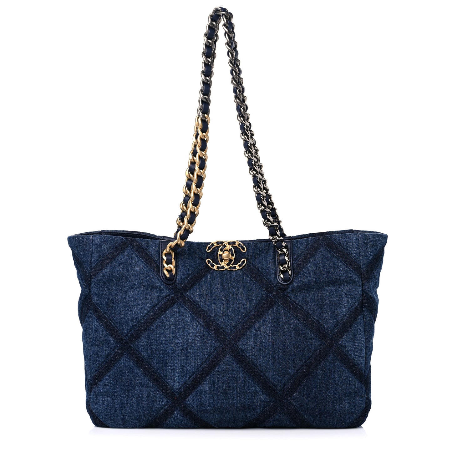 Denim Quilted Chanel 19 East West Shopping Bag Blue