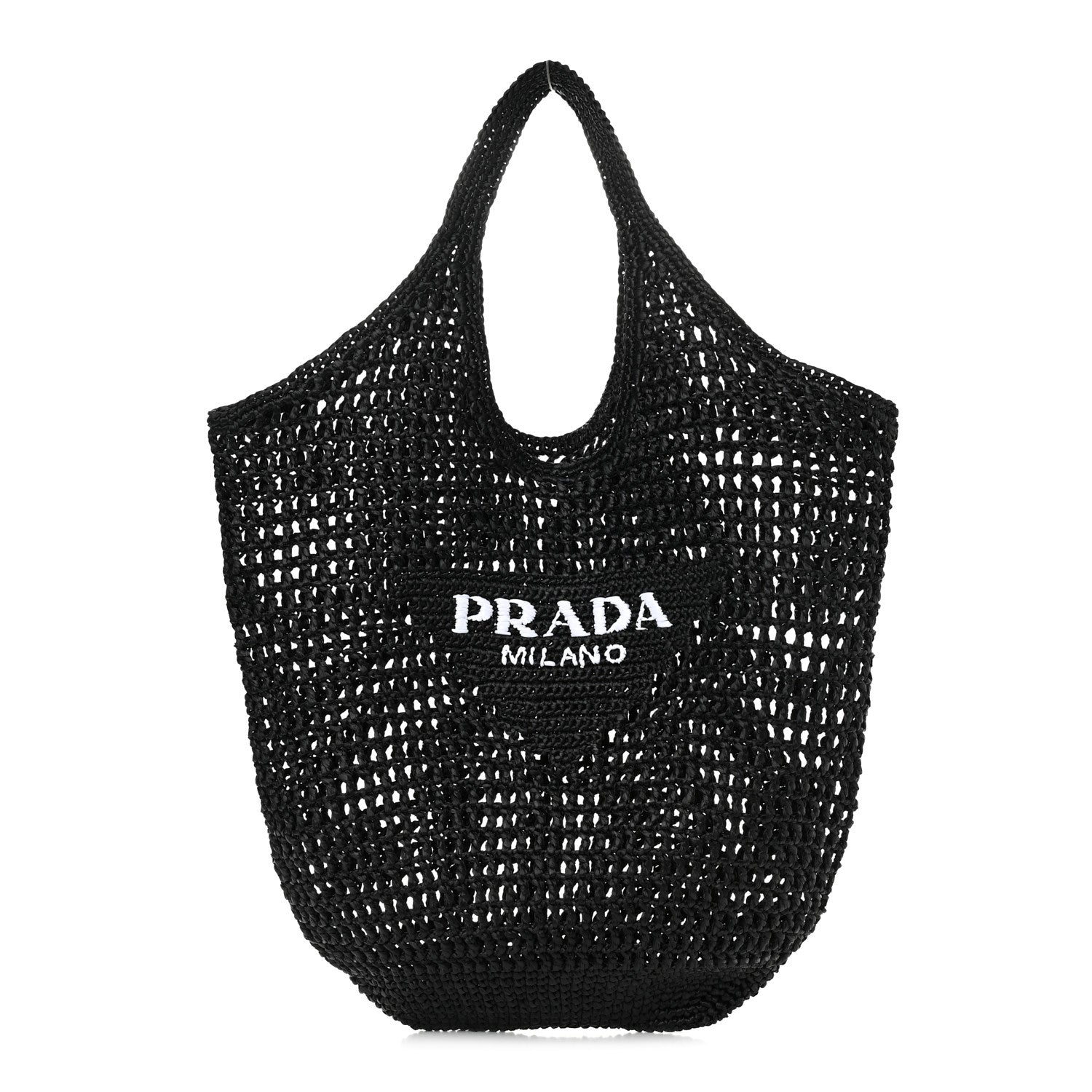 Prada Yarn Raffia Effect Crochet Logo Embroidered Shopping Tote Bag Black 1 of 9