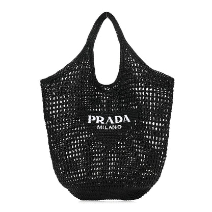 Prada Yarn Raffia Effect Crochet Logo Embroidered Shopping Tote Bag Black 1 of 9