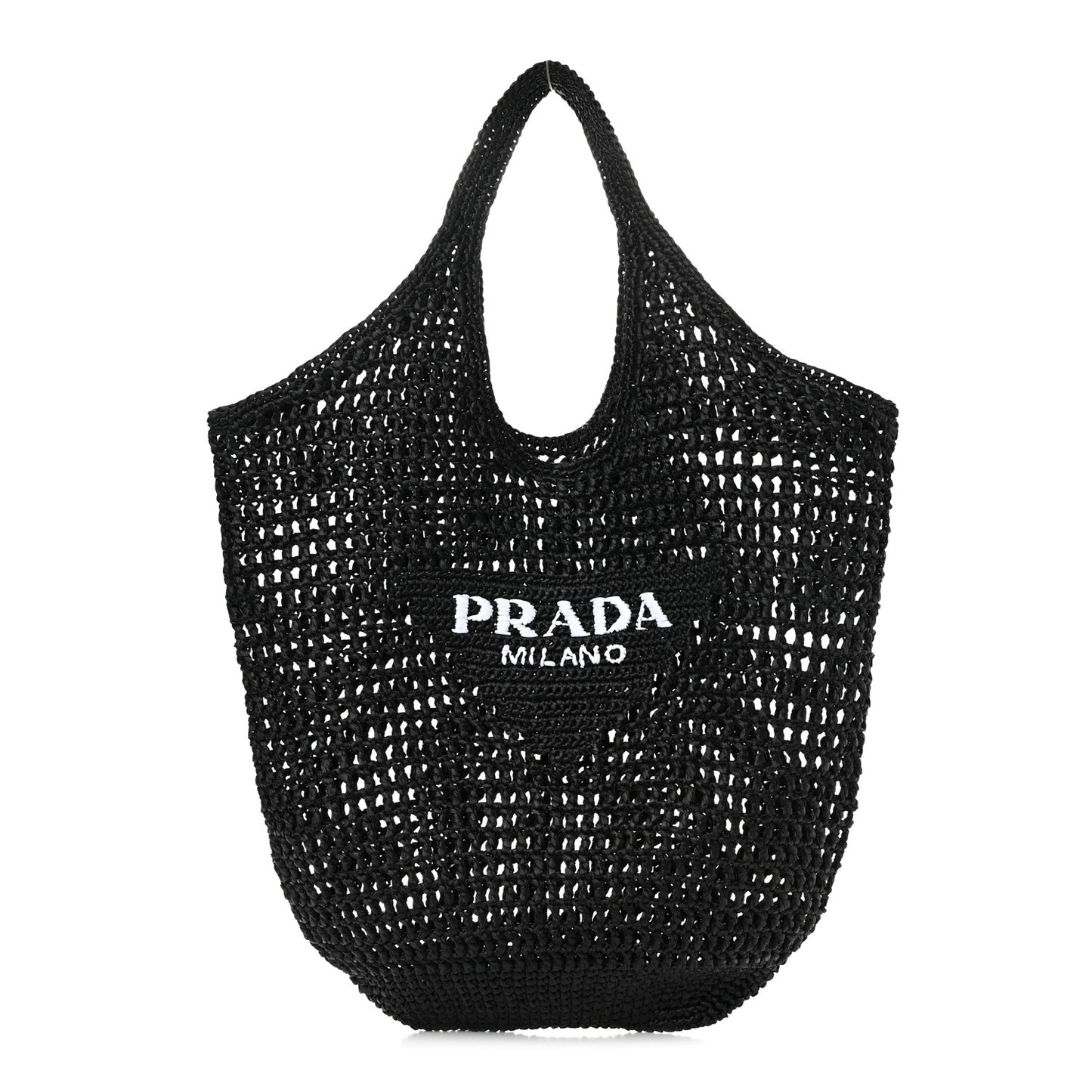 Yarn Raffia Effect Crochet Logo Embroidered Shopping Tote Bag Black