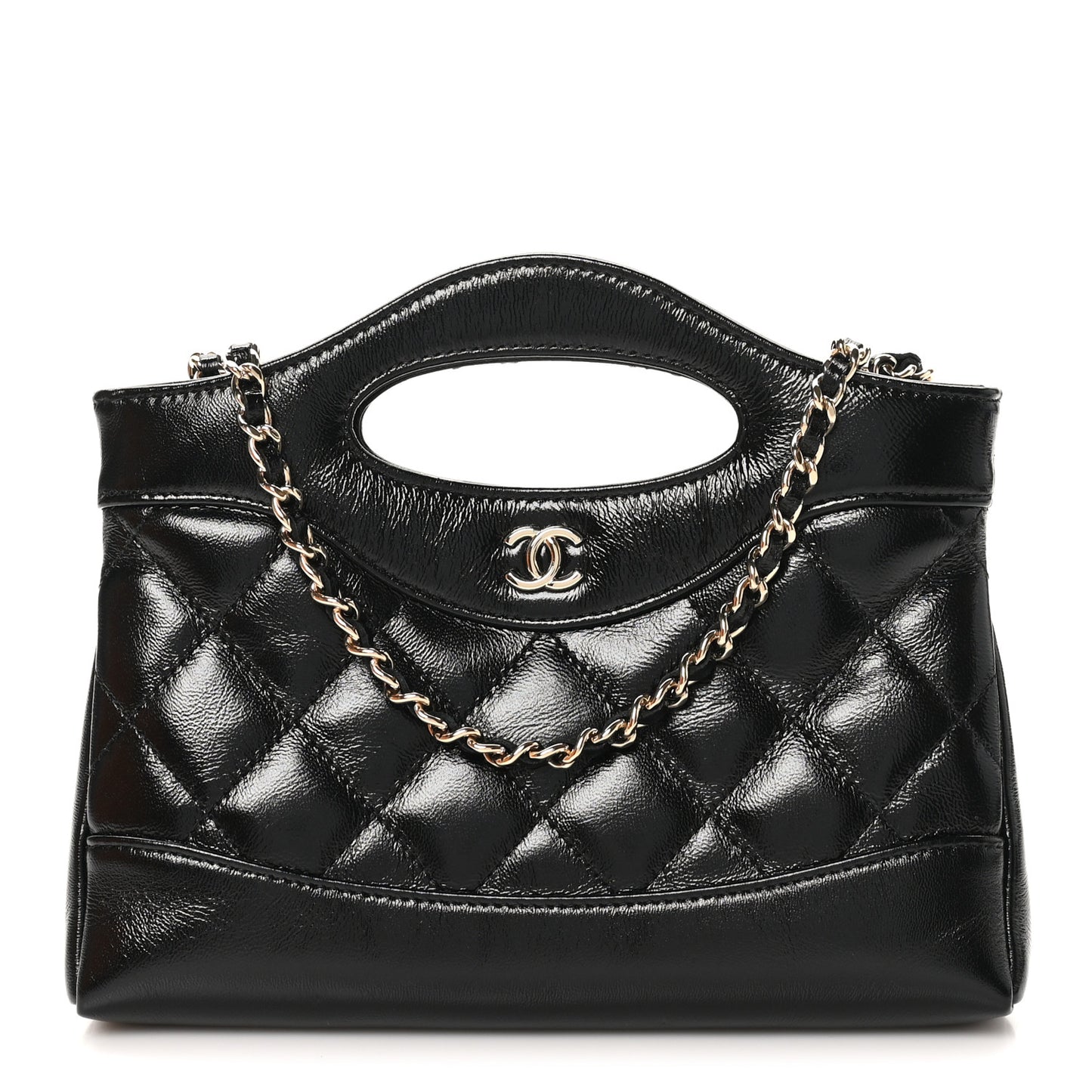 Shiny Crumpled Calfskin Quilted Nano 31 Shopping Bag Black