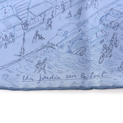 Hermes Silk Un Jardin Sur Le Toit Pocket Square Bleu Azur Bleu Jean 2 of 5