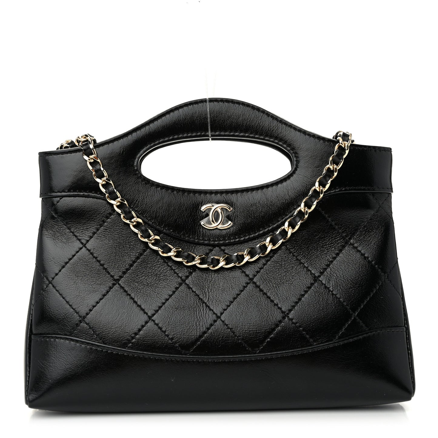 Shiny Crumpled Calfskin Quilted Nano 31 Shopping Bag Black