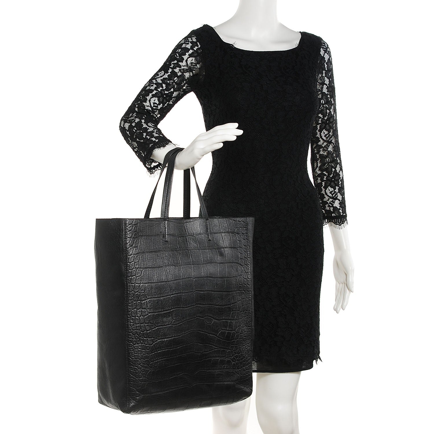 Celine Lambskin Crocodile Embossed Vertical Cabas Black 2 of 8