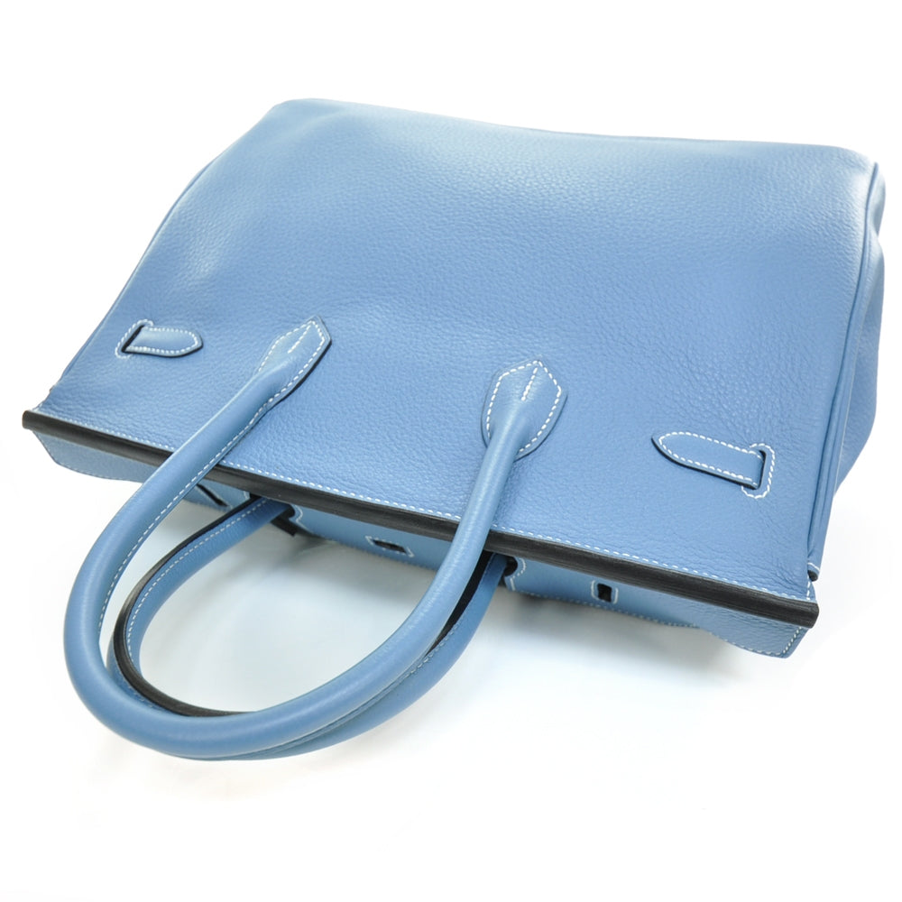 Clemence Leather BIRKIN 35 Blue Jean Tote Bag