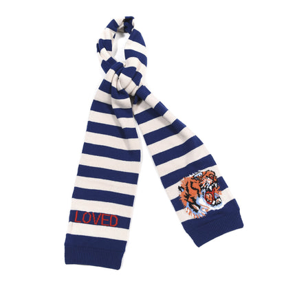 Gucci Wool Tricot Striped Tiger Scarf Sapphire Ivory 1 of 4